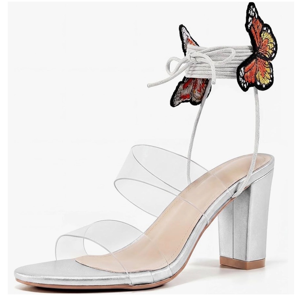 Silver Butterfly Lace Up Block Heel Sandals Size 41 Clear Strappy Y2K Party NIB